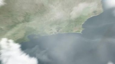 Dünya, Rio de Janeiro, Brezilya 'daki Metropolitan Katedrali' ne uzaydan yakınlaşır. Arkasından bulutlar ve atmosferden uzaya zum geliyor. Uydu görüntüsü. Seyahat girişi