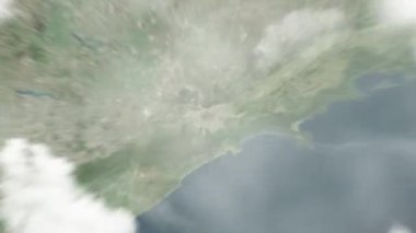 Dünya, Metropolitan Katedrali 'nde, uzaydan Sao Paulo, Brezilya' ya yakınlaşır. Arkasından bulutlar ve atmosferden uzaya zum geliyor. Uydu görüntüsü. Seyahat girişi
