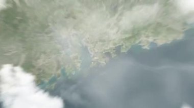 Dünya, Çin 'in Shenzhen kentindeki Halk Hükümeti' ne uzaydan zum yaptı. Arkasından bulutlar ve atmosferden uzaya zum geliyor. Uydu görüntüsü. Seyahat girişi