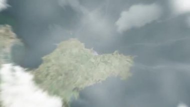 Dünya uzaydan Yantai 'ye, Çin' deki Denetim Bürosu 'na zum yapacak. Arkasından bulutlar ve atmosferden uzaya zum geliyor. Uydu görüntüsü. Seyahat girişi