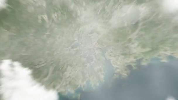 宇宙から中国のフォーシャンまで地球はズームします 雲と大気を通して宇宙にズームアウトする サテライトビュー トラベルイントロ — ストック動画