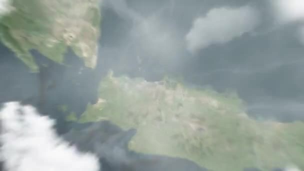 地球从太空放大到雅加达 印度尼西亚的国家纪念碑 然后通过云层和大气变焦进入太空 卫星视图 旅行介绍 — 图库视频影像
