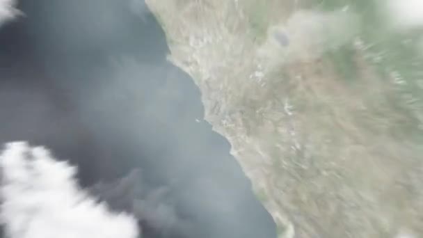 地球在弗朗西斯科 博洛涅西广场从太空放大到秘鲁的利马 然后通过云层和大气变焦进入太空 卫星视图 旅行介绍 — 图库视频影像
