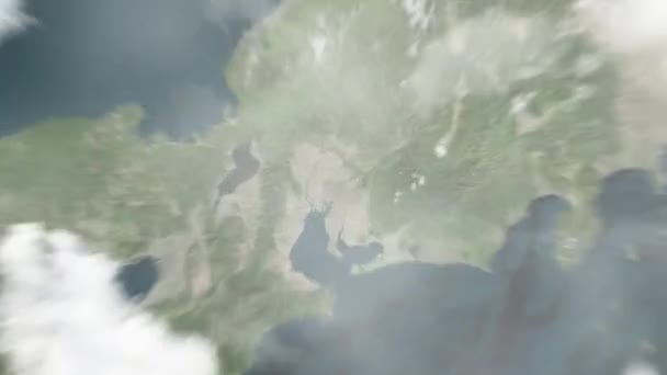 地球在名古屋城堡从太空放大到日本名古屋 然后通过云层和大气变焦进入太空 卫星视图 旅行介绍 — 图库视频影像