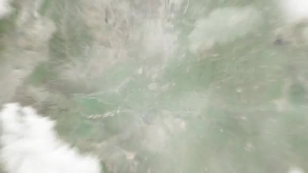 中国城市人民政府将地球从太空放大到南冈岛 然后通过云层和大气变焦进入太空 卫星视图 旅行介绍 — 图库视频影像