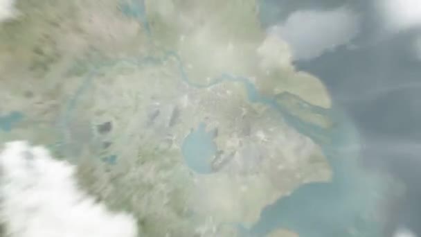地球从太空放大到中国无锡 然后通过云层和大气变焦进入太空 卫星视图 旅行介绍 — 图库视频影像