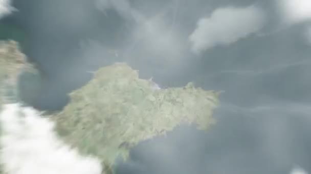 地球从太空放大到烟台 中国监管局 然后通过云层和大气变焦进入太空 卫星视图 旅行介绍 — 图库视频影像