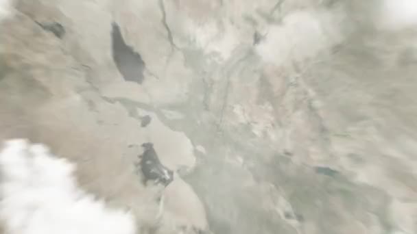 地球从太空放大到巴格达 伊拉克拯救伊拉克文化纪念馆 然后通过云层和大气变焦进入太空 卫星视图 旅行介绍 — 图库视频影像