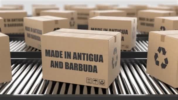 Antigua Barbuda Yapımı Karton Kutular Paten Taşıyıcı Üzerinde Metin Fabrika — Stok video