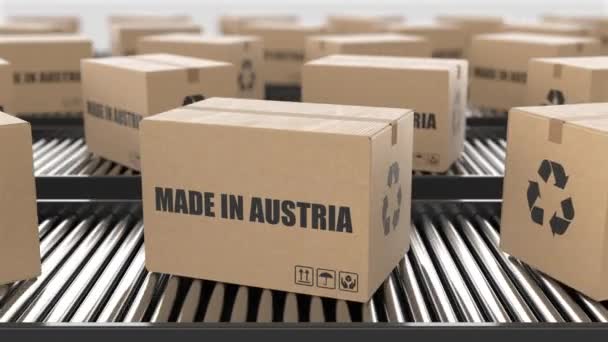 纸板箱与奥地利制造的文本在滚子输送机上 工厂生产线仓库 出口或交付概念 3D渲染动画 无缝圈 — 图库视频影像