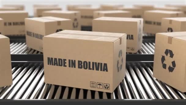 Χάρτινα Κουτιά Κείμενο Made Bolivia Ρολό Μεταφοράς Αποθήκη Γραμμής Παραγωγής — Αρχείο Βίντεο