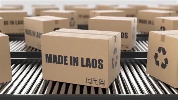 Scatole Cartone Con Testo Made Laos Trasportatore Rulli Fabbrica Linea — Video Stock