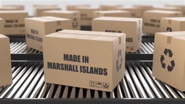 纸板箱在滚筒输送机上印有马绍尔群岛文 工厂生产线仓库 出口或交付概念 3D渲染动画 无缝圈 — 图库视频影像