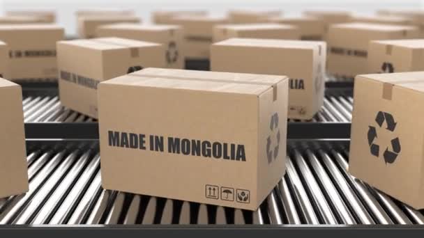 ローラーのコンベヤーのモンゴル語のテキストが付いている段ボール箱 工場生産ライン倉庫 輸出または配送のコンセプトを製造する 3Dレンダリングアニメーション シームレスループ — ストック動画