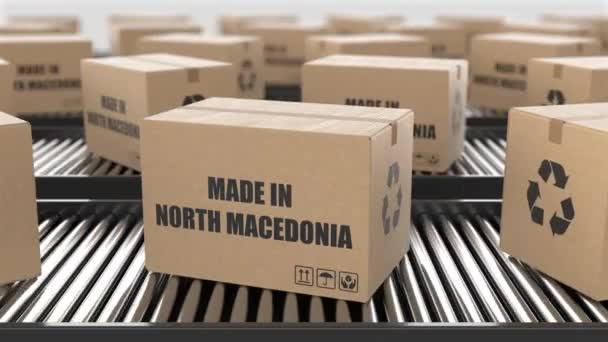 Картонные Коробки Текстом Made North Macedonia Роликовом Конвейере Фабрика Склад — стоковое видео