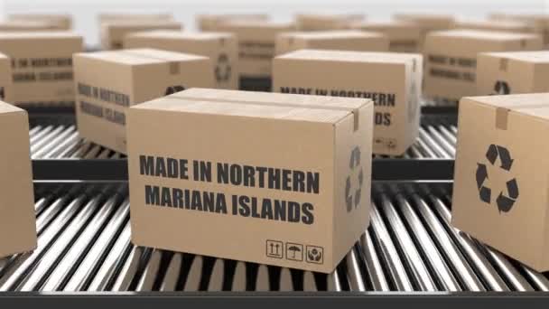 Scatole Cartone Con Testo Made Northern Mariana Islands Trasportatore Rulli — Video Stock