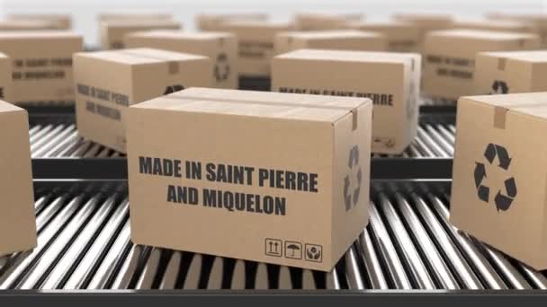 Pappkartonger Med Made Saint Pierre Och Miquelon Text Rulltransportör Fabrikens — Stockvideo