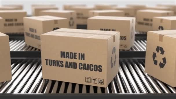 纸板箱 上面有特克斯和凯科斯群岛制造的文字在滚筒输送机上 工厂生产线仓库 出口或交付概念 3D渲染动画 无缝圈 — 图库视频影像