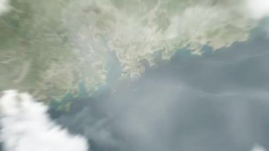 Dünya, Kongre ve Sergi Merkezi 'nde uzaydan Hong Kong' a, Çin 'den Çin' e yakınlaşacak. Arkasından bulutlar ve atmosferden uzaya zum geliyor. Uydu görüntüsü. Seyahat girişi