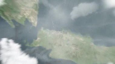 Dünya, Fatahillah Meydanı 'ndaki Cakarta, Endonezya' ya uzanıyor. Arkasından bulutlar ve atmosferden uzaya zum geliyor. Uydu görüntüsü. Seyahat girişi