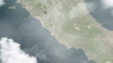 Dünya uzaydan Roma 'ya, İtalya' dan Colosseum 'a yakınlaşacak. Arkasından bulutlar ve atmosferden uzaya zum geliyor. Uydu görüntüsü. Seyahat girişi
