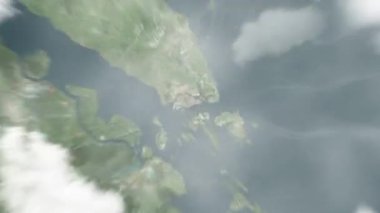 Dünya uzaydan Singapur 'a, Singapur' dan Körfez kenarındaki Bahçeler 'e yakınlaşacak. Arkasından bulutlar ve atmosferden uzaya zum geliyor. Uydu görüntüsü. Seyahat girişi