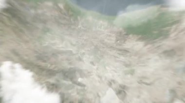Dünya, Azadi Kulesi 'nde, uzaydan Tahran' a yakınlaşacak. Arkasından bulutlar ve atmosferden uzaya zum geliyor. Uydu görüntüsü. Seyahat girişi