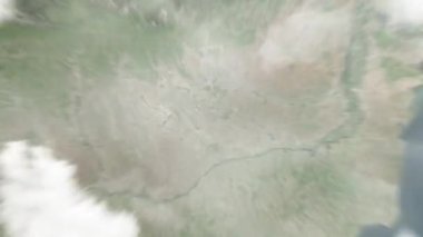 Dünya uzaydan Bükreş 'e, Romanya Çeşmeler' e yakınlaşacak. Arkasından bulutlar ve atmosferden uzaya zum geliyor. Uydu görüntüsü. Seyahat girişi