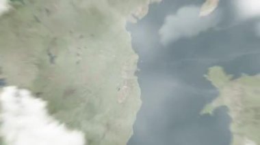 Dünya uzaydan Dublin 'e, İrlanda' dan Kale 'ye yakınlaşır. Arkasından bulutlar ve atmosferden uzaya zum geliyor. Uydu görüntüsü. Seyahat girişi