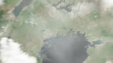 Dünya uzaydan Kampala 'ya, Uganda' ya yakınlaş. Arkasından bulutlar ve atmosferden uzaya zum geliyor. Uydu görüntüsü. Seyahat girişi
