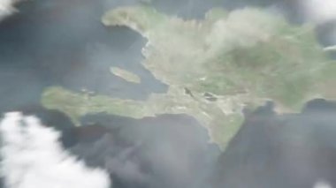 Dünya uzaydan Haiti, Port-au-Prince 'e yakınlaşacak. Arkasından bulutlar ve atmosferden uzaya zum geliyor. Uydu görüntüsü. Seyahat girişi