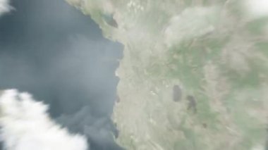 Dünya uzaydan Tiran 'a, Arnavutluk' un Skanderbeg Meydanı 'na yakınlaşacak. Arkasından bulutlar ve atmosferden uzaya zum geliyor. Uydu görüntüsü. Seyahat girişi