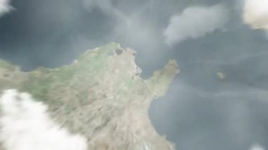 Dünya uzaydan Tunus 'a, Bab al-Bahr' daki Tunus 'a yakınlaşacak. Arkasından bulutlar ve atmosferden uzaya zum geliyor. Uydu görüntüsü. Seyahat girişi