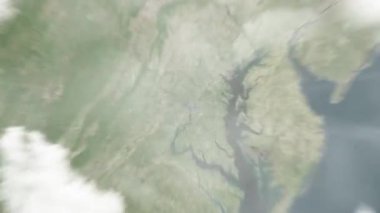 Dünya, uzaydan Washington 'a, Beyaz Saray' daki Birleşik Devletler 'e yakınlaşacak. Arkasından bulutlar ve atmosferden uzaya zum geliyor. Uydu görüntüsü. Seyahat girişi