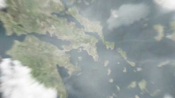地球在希腊雅典卫城从太空放大到雅典 然后通过云层和大气变焦进入太空 卫星视图 旅行介绍 — 图库视频影像