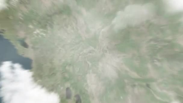 地球从太空放大到斯科普里 马其顿北部的广场 然后通过云层和大气变焦进入太空 卫星视图 旅行介绍 — 图库视频影像
