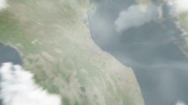 Dünya, Saint Francis Kapısı 'ndaki uzaydan San Marino' ya yakınlaştırıyor. Arkasından bulutlar ve atmosferden uzaya zum geliyor. Uydu görüntüsü. Seyahat girişi