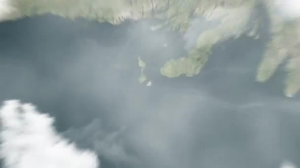 우주에서 생피에르 생피에르 미켈론까지 지구가 확대됩니다 구름과 대기를 공간으로 확대하여 — 비디오