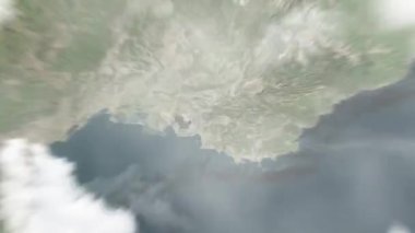 Dünya uzaydan Fontaine de la Rotonde 'deki Aix-en-Provence, Fransa' ya yakınlaşır. Arkasından bulutlar ve atmosferden uzaya zum geliyor. Uydu görüntüsü. Seyahat girişi