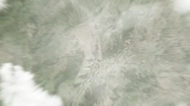 Dünya, Wasserturm Su Kulesi 'nde uzaydan Mannheim, Almanya' ya yakınlaşır. Arkasından bulutlar ve atmosferden uzaya zum geliyor. Uydu görüntüsü. Seyahat girişi