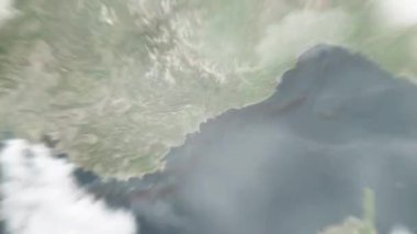 Dünya uzaydan Nice 'e, Saint Nicholas Katedrali' ndeki Fransa 'ya yakınlaşacak. Arkasından bulutlar ve atmosferden uzaya zum geliyor. Uydu görüntüsü. Seyahat girişi