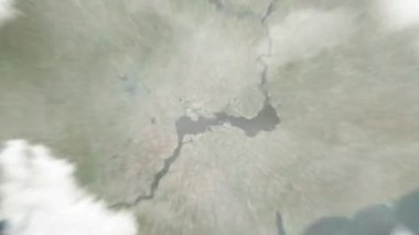 Dünya uzaydan Nikopol 'e, Ukrayna' dan Stella of Nike 'a yakınlaşır. Arkasından bulutlar ve atmosferden uzaya zum geliyor. Uydu görüntüsü. Seyahat girişi