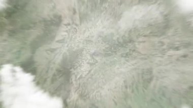 Dünya, Schlossplatz 'da, uzaydan Stuttgart, Almanya' ya yakınlaşır. Arkasından bulutlar ve atmosferden uzaya zum geliyor. Uydu görüntüsü. Seyahat girişi