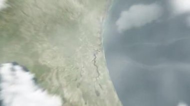 Dünya, uzaydan Jacksonville, ABD 'deki Duval County Mahkeme Kâtibi' ne zum yaptı. Arkasından bulutlar ve atmosferden uzaya zum geliyor. Uydu görüntüsü. Seyahat girişi