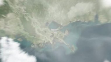 Dünya uzaydan New Orleans 'a, Lafayette Meydanı' ndaki ABD 'ye yakınlaşacak. Arkasından bulutlar ve atmosferden uzaya zum geliyor. Uydu görüntüsü. Seyahat girişi