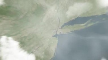 Dünya uzaydan Newark, ABD 'ye yakınlaşacak. Arkasından bulutlar ve atmosferden uzaya zum geliyor. Uydu görüntüsü. Seyahat girişi