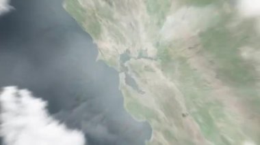 Dünya, Frank H. Ogawa Plaza 'da uzaydan Oakland' a yakınlaşacak. Arkasından bulutlar ve atmosferden uzaya zum geliyor. Uydu görüntüsü. Seyahat girişi