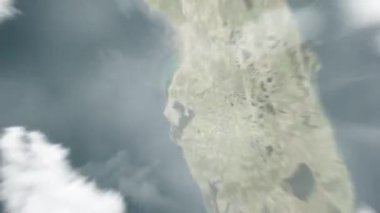 Dünya, uzaydan Tampa, ABD 'ye yakınlaşır. Arkasından bulutlar ve atmosferden uzaya zum geliyor. Uydu görüntüsü. Seyahat girişi