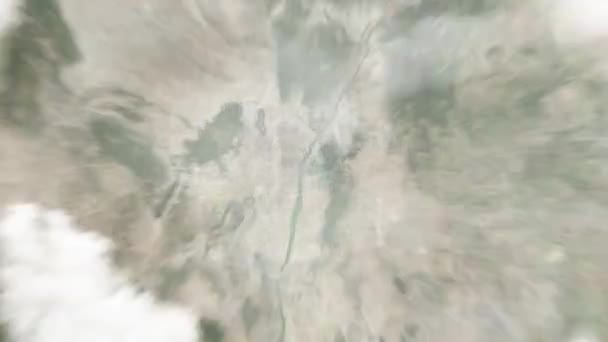 地球从太空放大到美国阿尔伯克尔克 在公民广场 然后通过云层和大气变焦进入太空 卫星视图 旅行介绍 — 图库视频影像