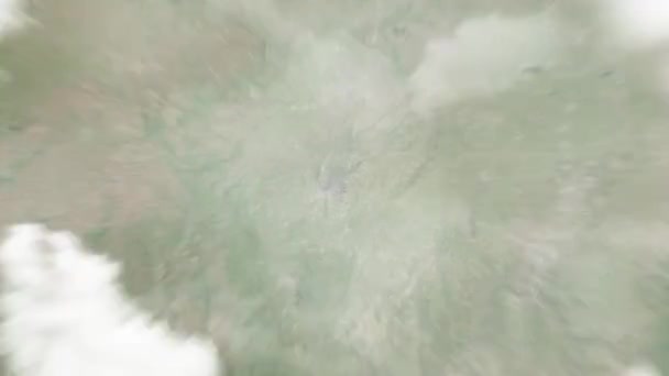 美国军人和海员纪念碑中的地球从太空放大到印第安纳波利斯 然后通过云层和大气变焦进入太空 卫星视图 旅行介绍 — 图库视频影像